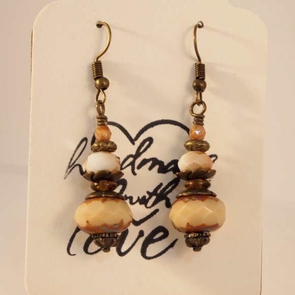 Chunky Earthy Boho Czech Glass Earrings Cream Drop Pierced or Clip-on Earrings - Picture 8 of 10